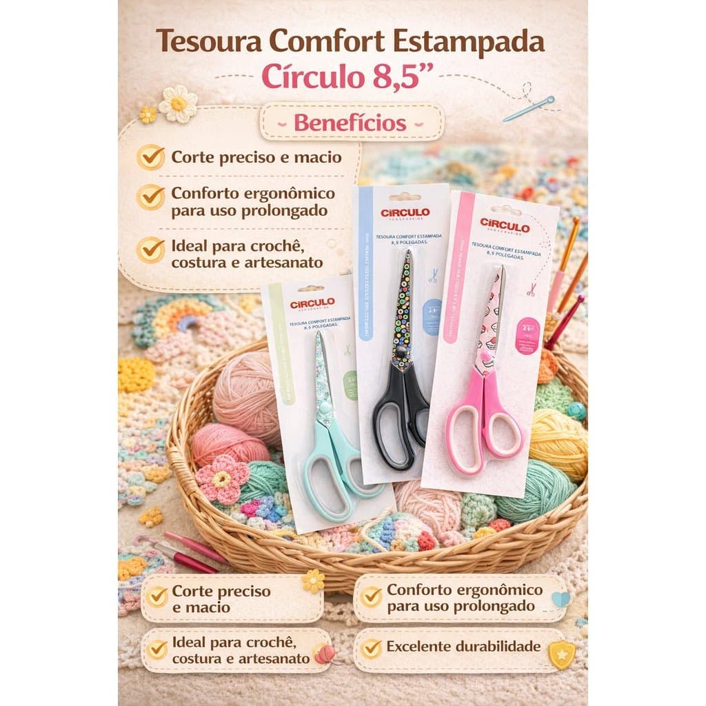 Tesoura Comfort Estampada Círculo 8,5 Polegadas – Corte Preciso para Crochê, Costura, Artesanato