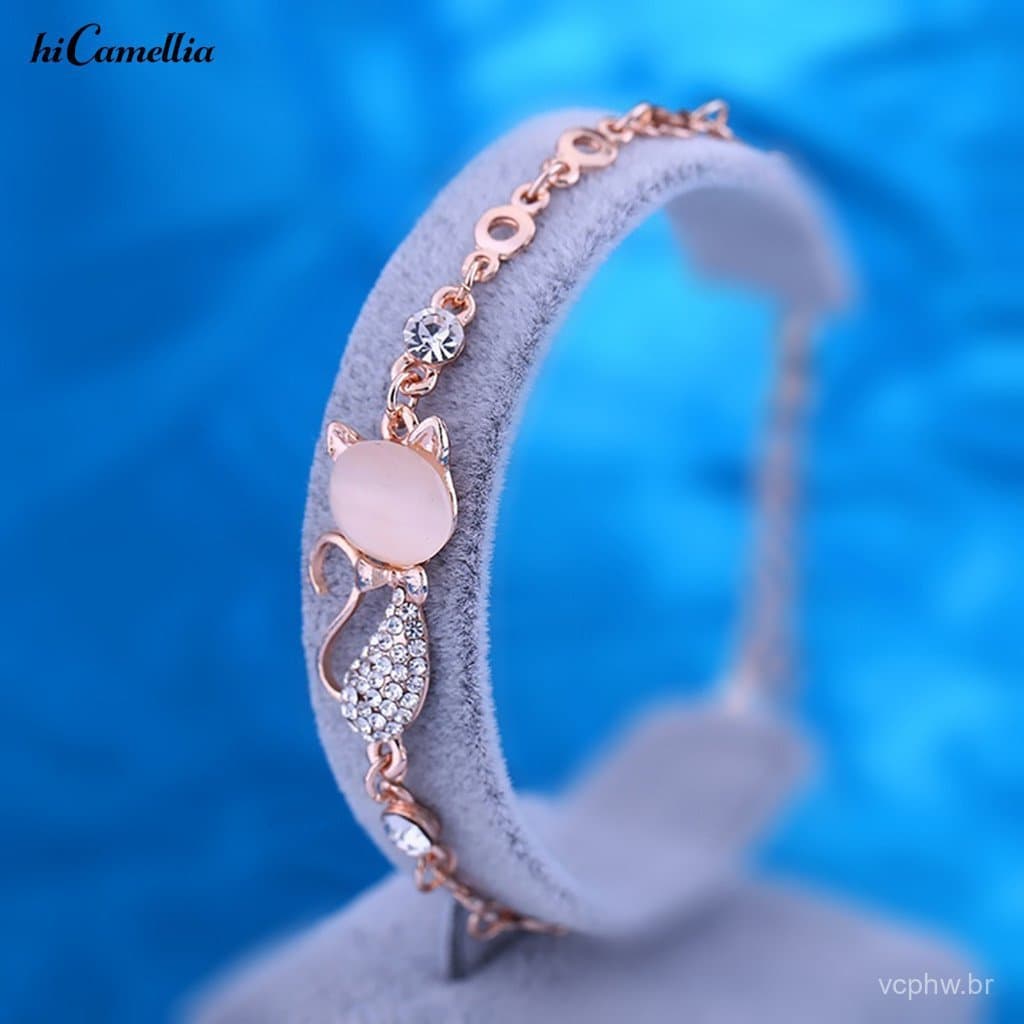 Hirxfs Feminino Senhoras Adorável Gato Pingente Opala Strass Pulseira Corrente Jóias Para A Vida Diária