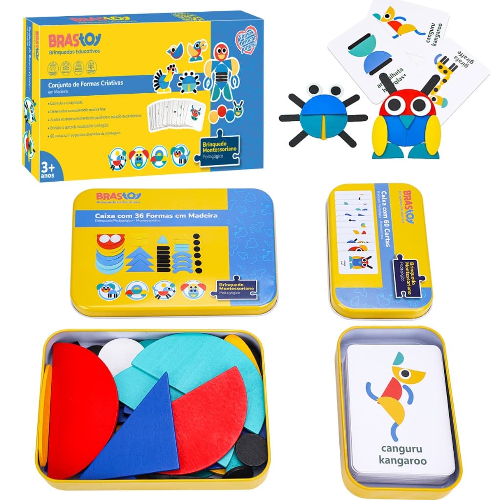 Quebra-cabeças de Madeira BRASTOY (36 blocos e 60 cartas), Brinquedos de Desenvolvimento Montessori