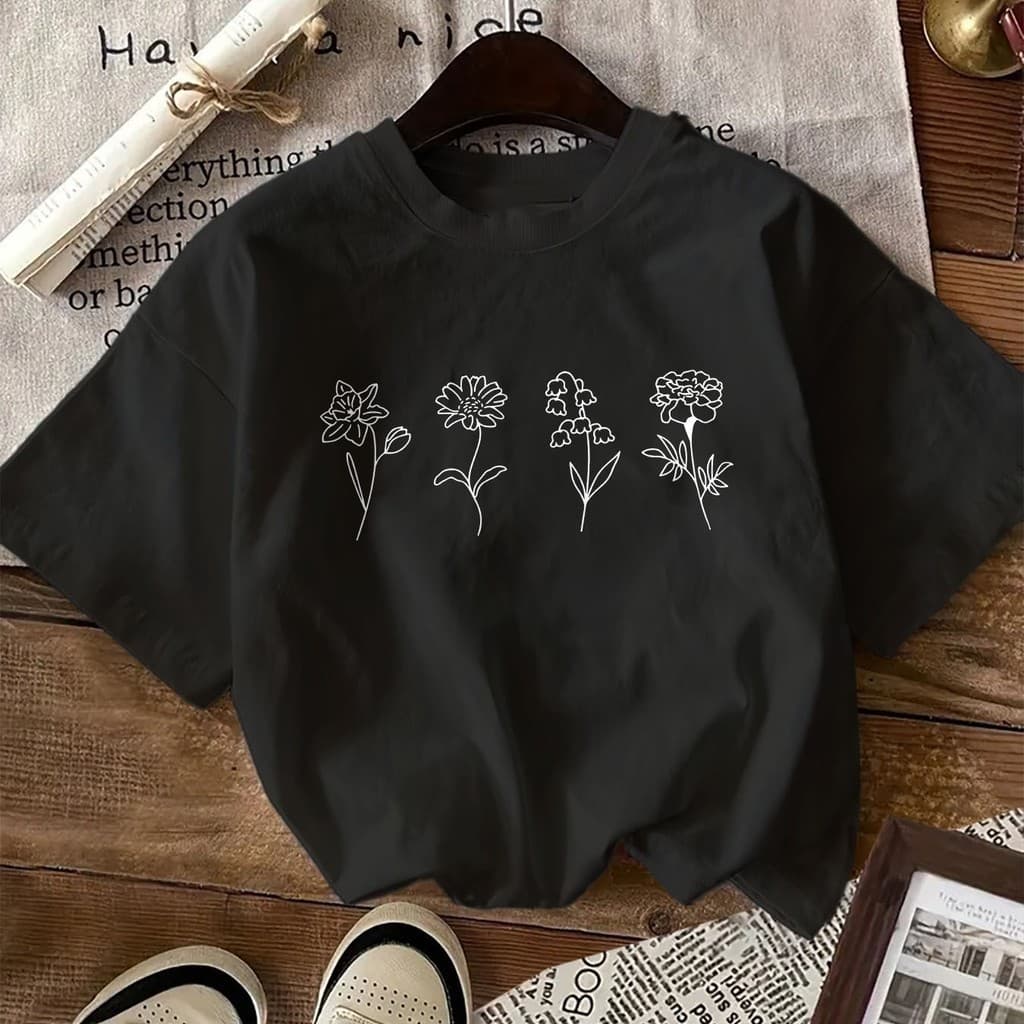 Camiseta com Estampa de Flores, Manga Curta e Gola Redonda Casual para Verão & Primavera, Roupas Femininas