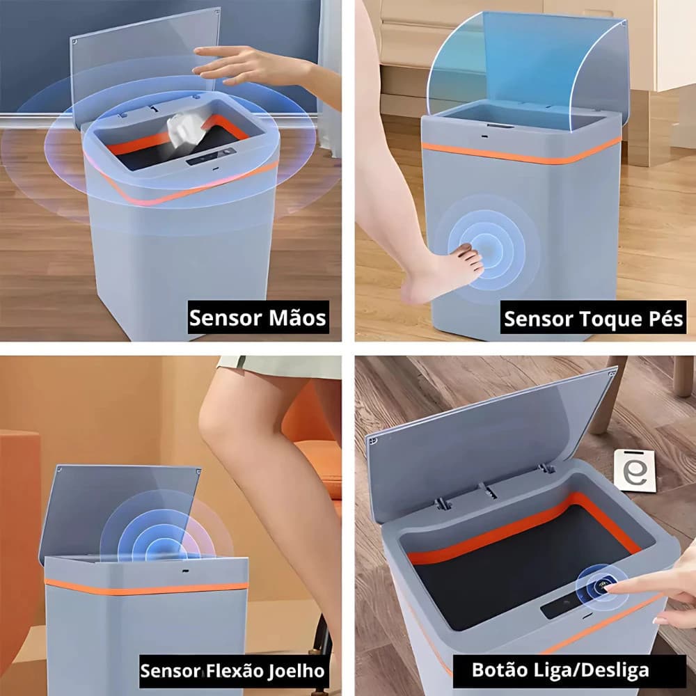 Lixeira Inteligente 12 Litros Sensor Automático Tampa Botão USB Recarregável Cesto Lixo Cozinha