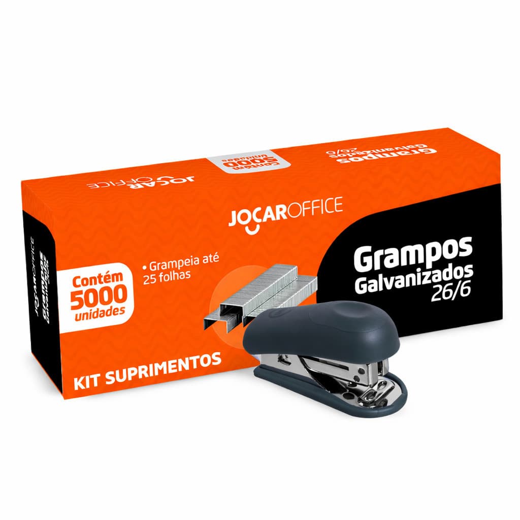 KIT MINI GRAMPEADOR PLASTICO CORES SORTIDAS JOCAR OFFICE + CAIXA COM 5000 GRAMPOS GALVANIZADOS 26/6