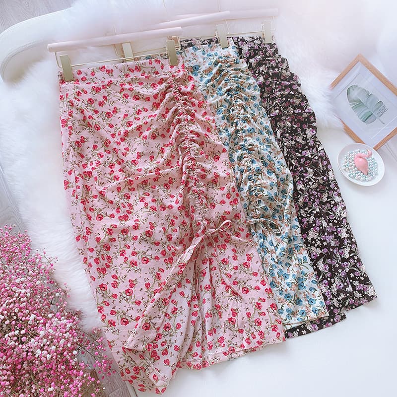 Lixin Desconto Roupas femininas sazonal novo estilo pequena saia Floral de Chiffon com cordão plissado fenda cintura alt