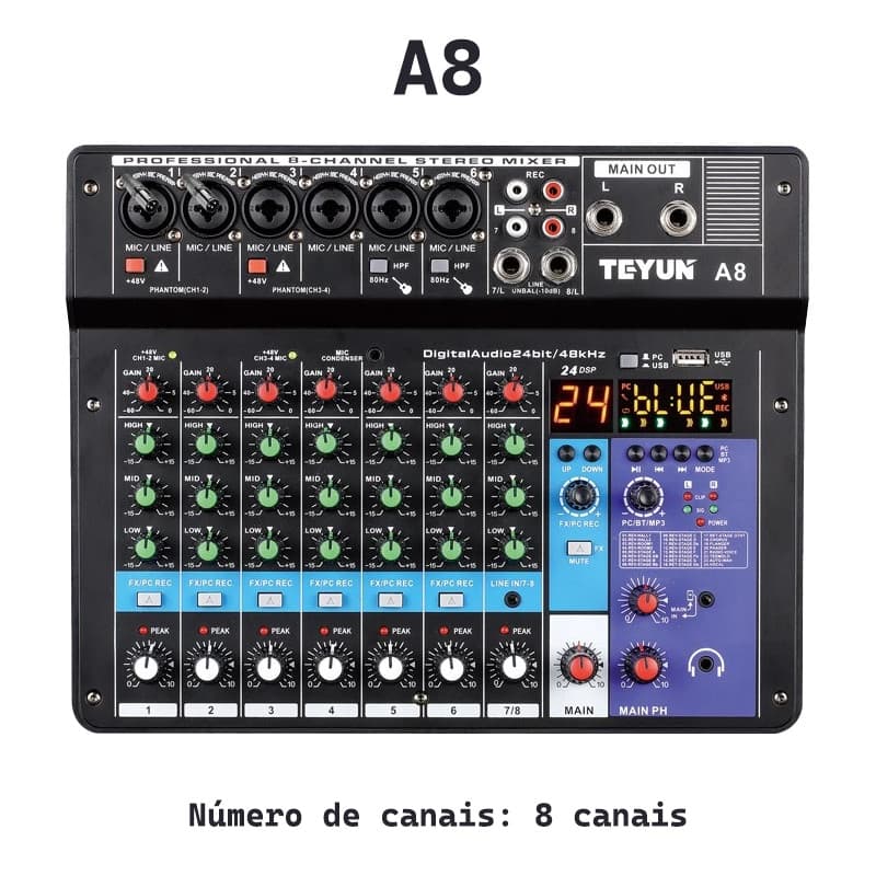 Console de mixagem TEYUN A8 de 8 canais com USB 48V e Bluetooth Mixer profissional para transmissão ao vivo