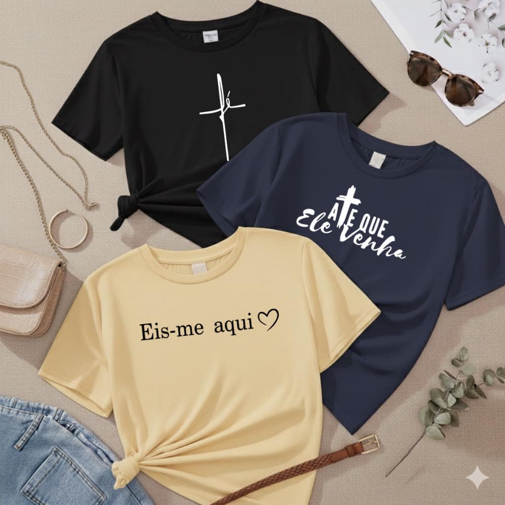 Kit 3 T-Shirt Feminina Estampada 100% Algodão Camiseta Moda Cristã Fé Envio Imediato Promoção OS