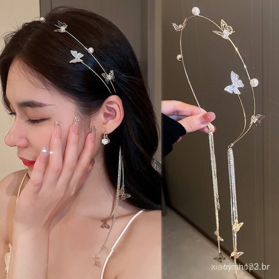 》Faixa de Cabelo com Borboleta e Pérola da Aliança da Coreia, Faixa de Cabelo Fina com Cristal de Diamante para Mulheres