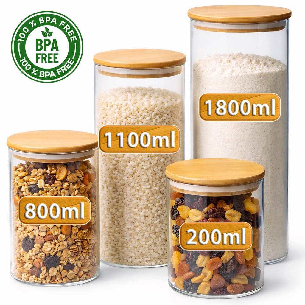 4 Potes de Vidro Hermético Premium Tampa Bambu Não pega Cheiro BPA Free 200-800-1100-1800ml