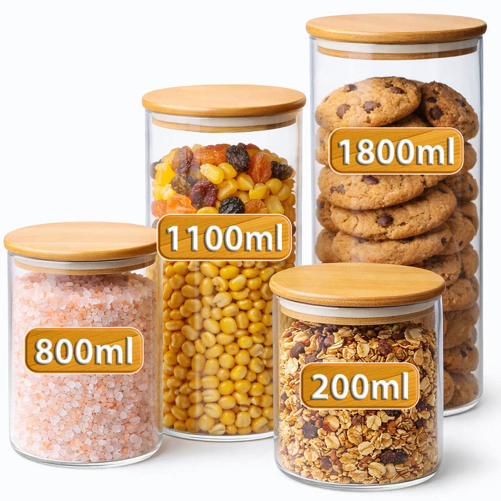 Kit 4 Potes de Vidro Borossilicato Liso Tampa Bambu Hermético Temperos 200-800-1100-1800ml
