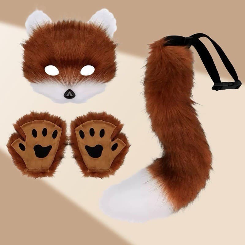 Máscara de raposa peluda que cobre metade do rosto, luvas, conjunto de cosplay com cauda de raposa, tiara de desenho ani