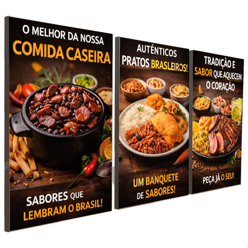 Quadros Decorativos 3 Peças Restaurante Comidas Brasileiras Feijoada Frases Casa Sala Quarto Decoração Hall