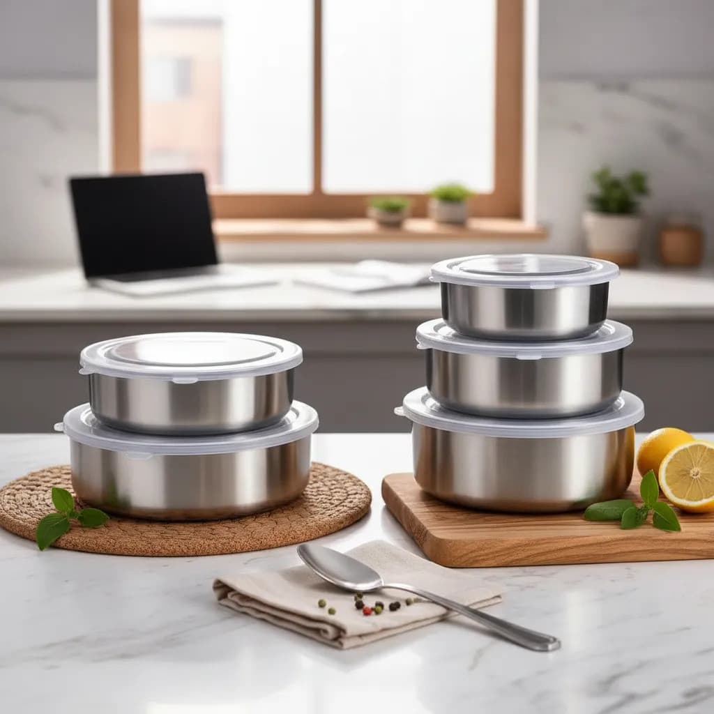 Conjunto Potes Herméticos Inox 5 Peças Tampa Vedação Cozinha Alimentos Organizador Empilhável Resistentes