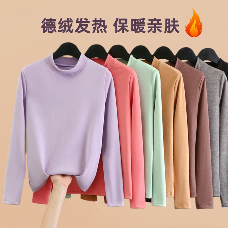 Outono inverno alemão veludo meia gola alta camisa de fundo feminina velo-velo quente interior algodão camiseta magro @-
