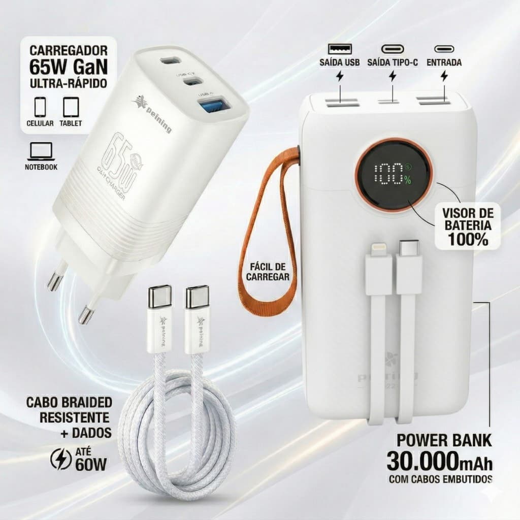 Kit Power Bank 30.000mAh + Carregador 65W + Cabo 60W Branco