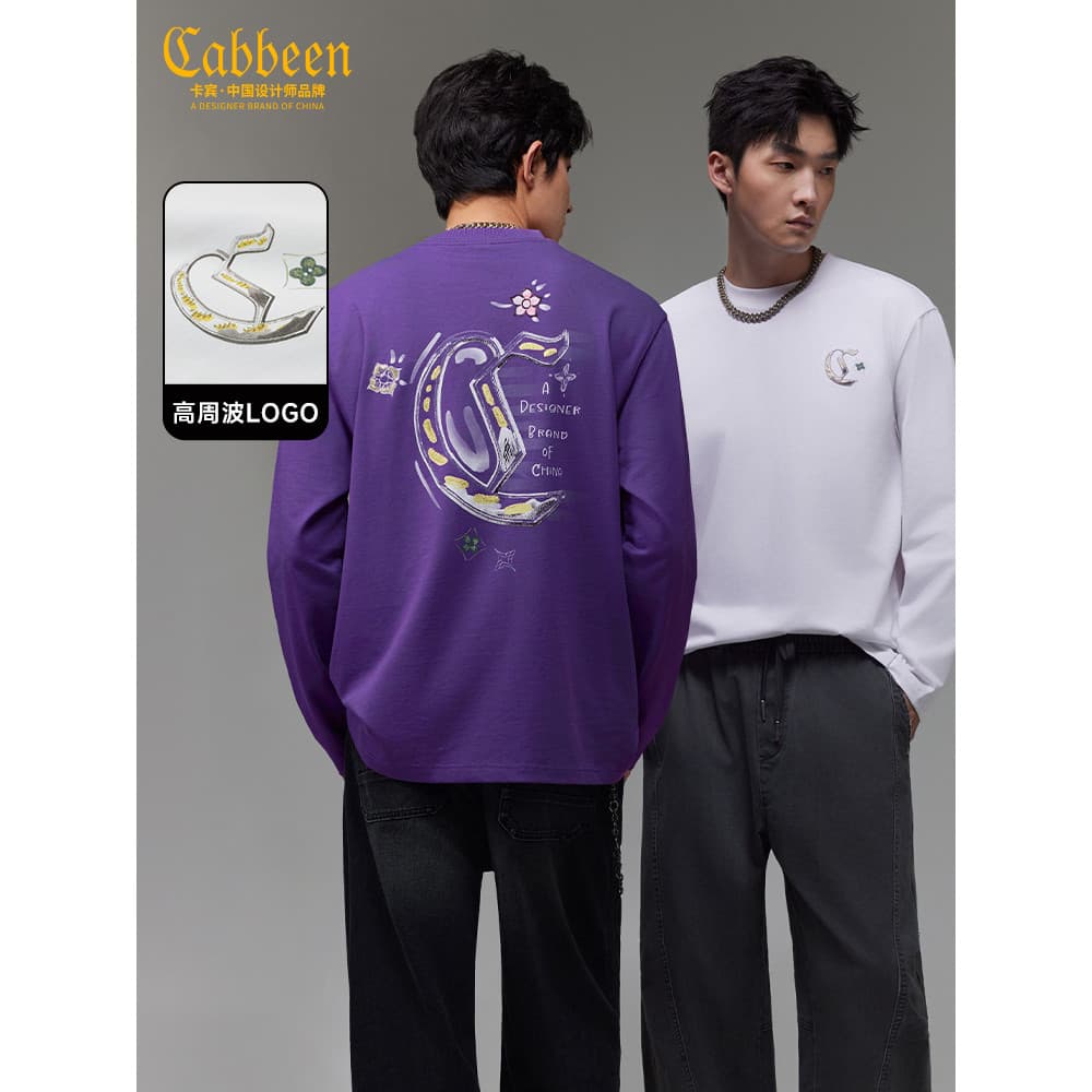 [Bordado estilo chinês] Kabin estampado camiseta de manga comprida masculina outono novo estilo algodão puro gola redond