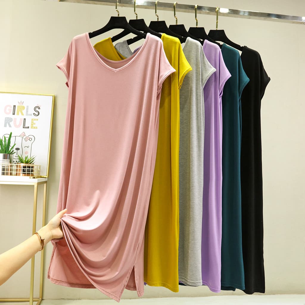 Primavera verão Modal tamanho grande com decote em V vestido de manga curta feminino exterior Wear mais magro olhar a li