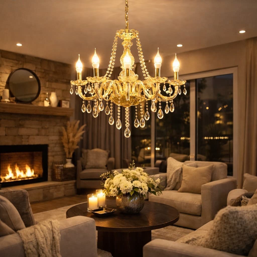 Lustre de Cristal Âmbar Luxuoso com 6 Braços – Iluminação Sofisticada para Sala e Ambiente