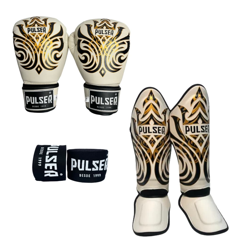 Kit Luva 12oz Caneleira Pamy Creme M  Bandagem 3M Boxe e Muay Thai Pulser