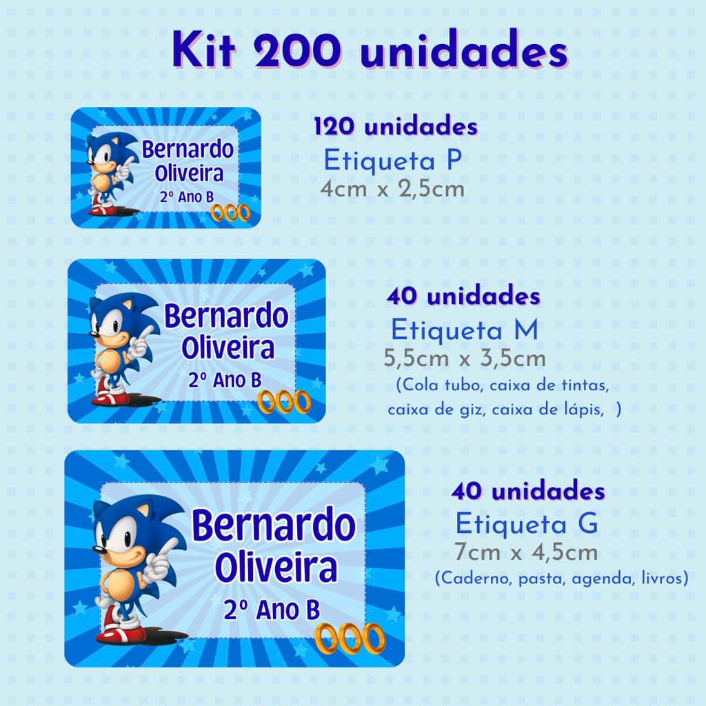 Etiquetas Escolares Sonic | Volta às Aulas | Material Escolar | Etiqueta para Lápis Caneta Caderno