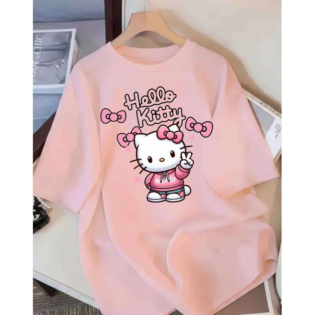 Camiseta Camisa Oversized 100% Algodão Feminina Fofa Casual Street Confortavel Estilosa Hello Caudy
