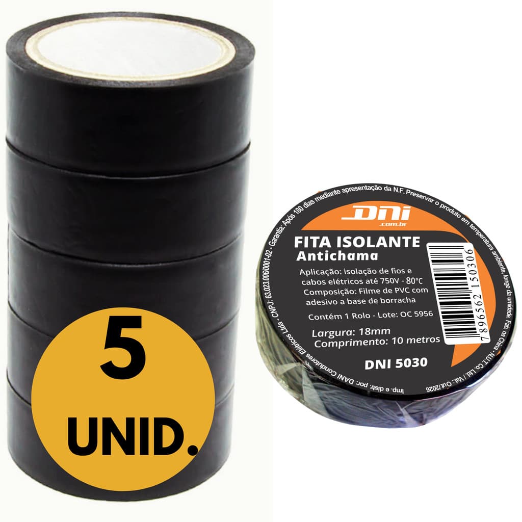 5 FITA ISOLANTE ANTICHAMA DNI 10 METROS PRETA ALTA RESISTENCIA FIO E CABO ELETRICO AUTOMOTIVO