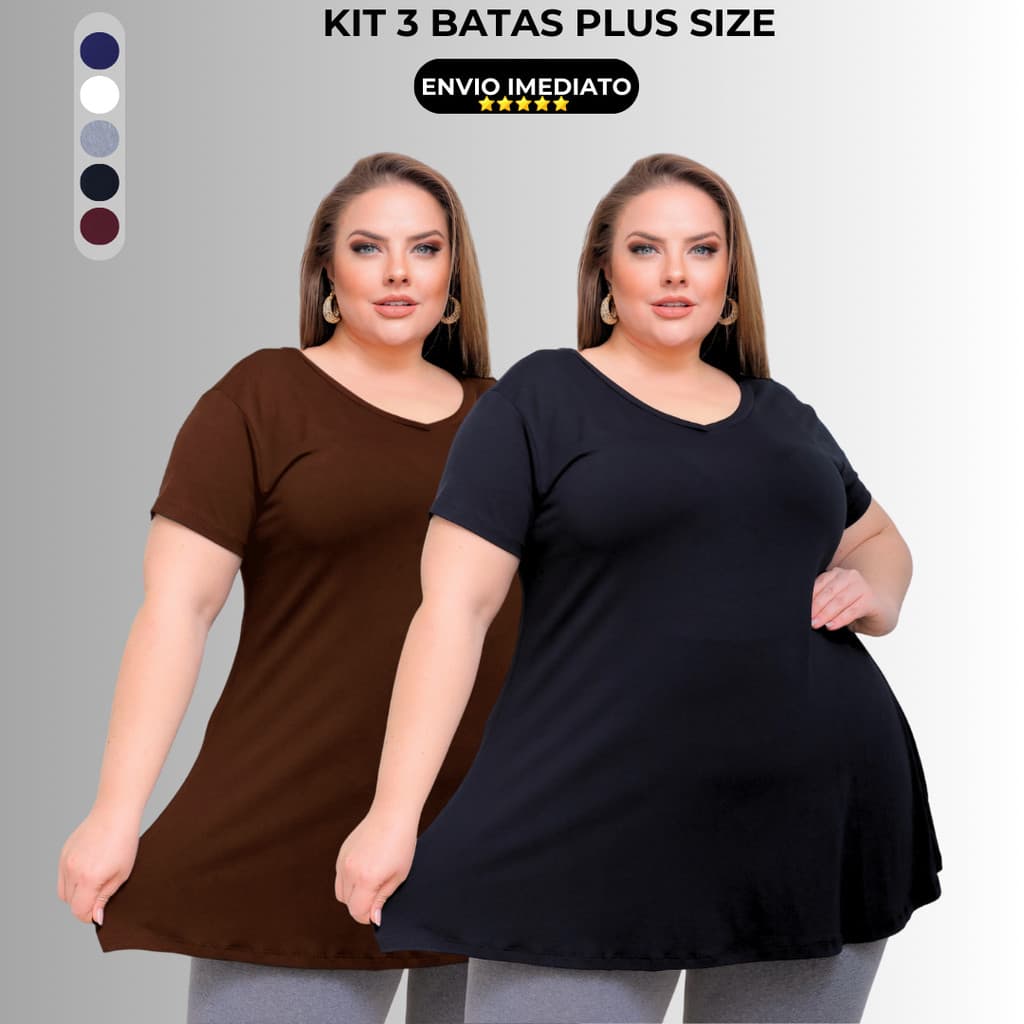 Kit 2 Blusas Camisetas Bata Plus Size Feminina Soltinha Evasê Até o G3