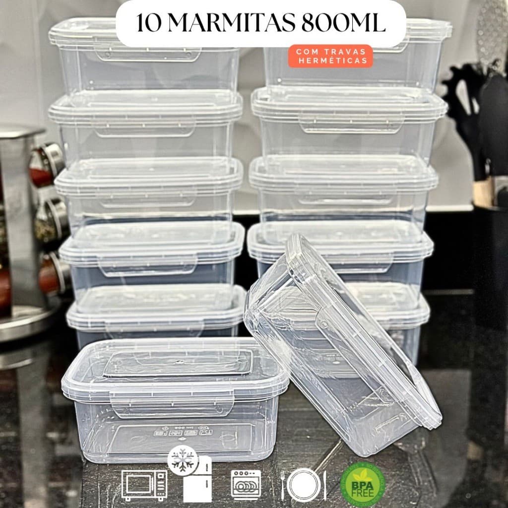 Kit 10 Marmita fitness Potes 800ml Travas Laterais --> BPA FREE organizadores de alimentos vasilhas.