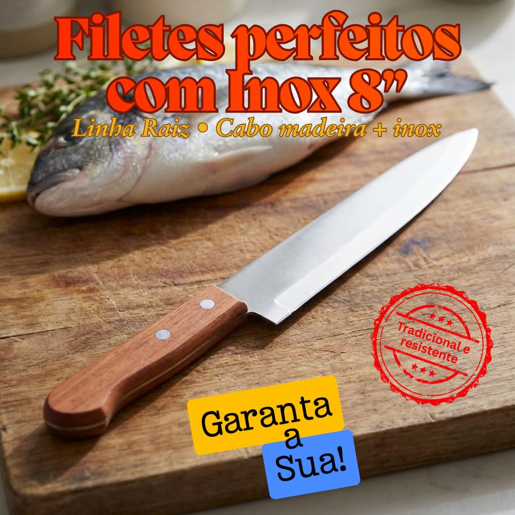 Faca Peixeira Inox 8" Linha Raiz - Lâmina Alongada em Aço Inox e Cabo de Madeira com Detalhe em Inox