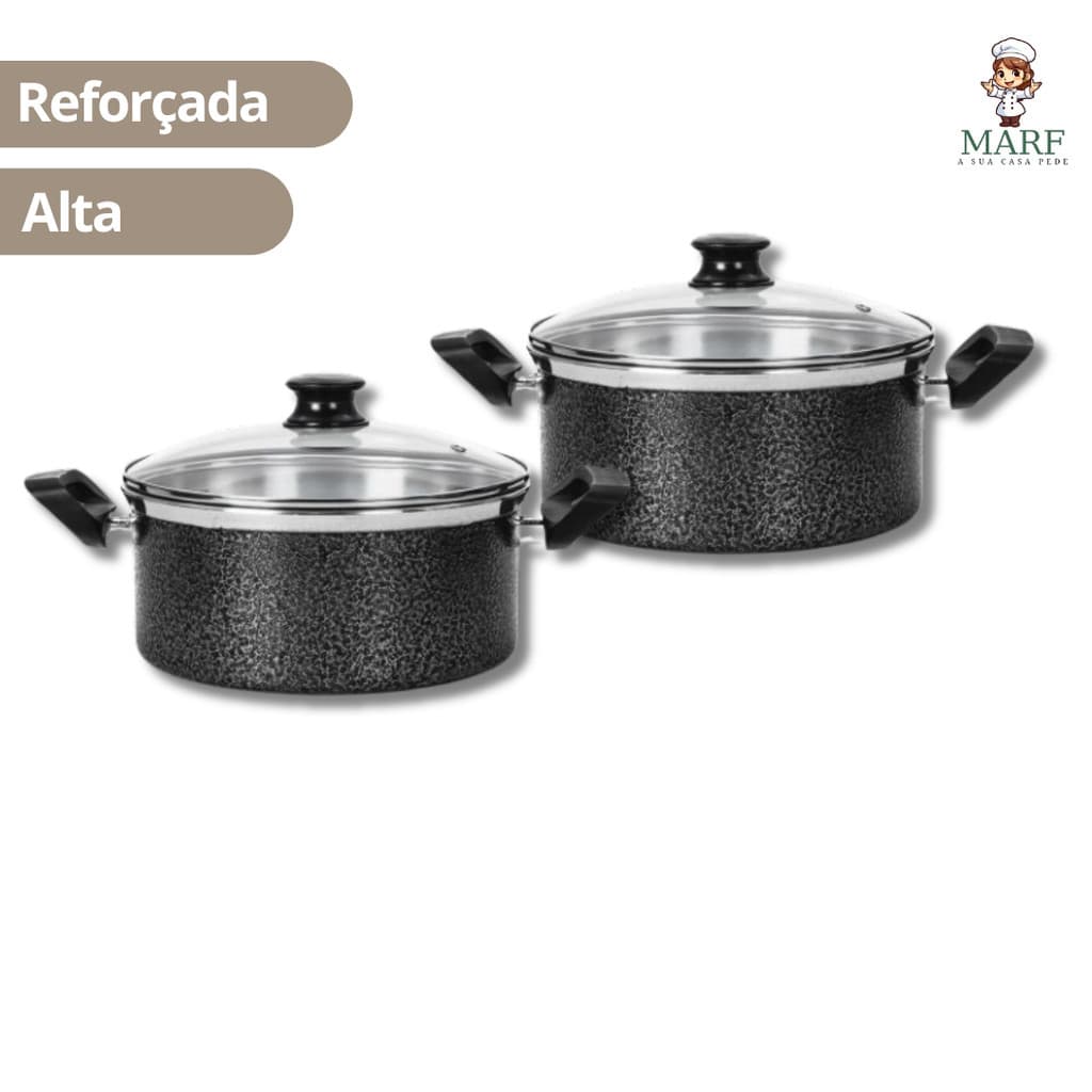 Kit 2 Panelas Grande Caçarola Reforçada e com Tampa de Vidro Tamanho N°18 e 20 Preto