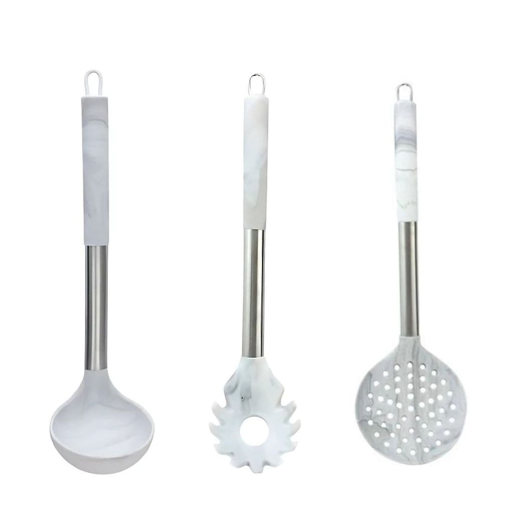Kit 3 Pçs Utensílios Cozinha Concha de Feijão Escumadeira Pegador de Massa Branco