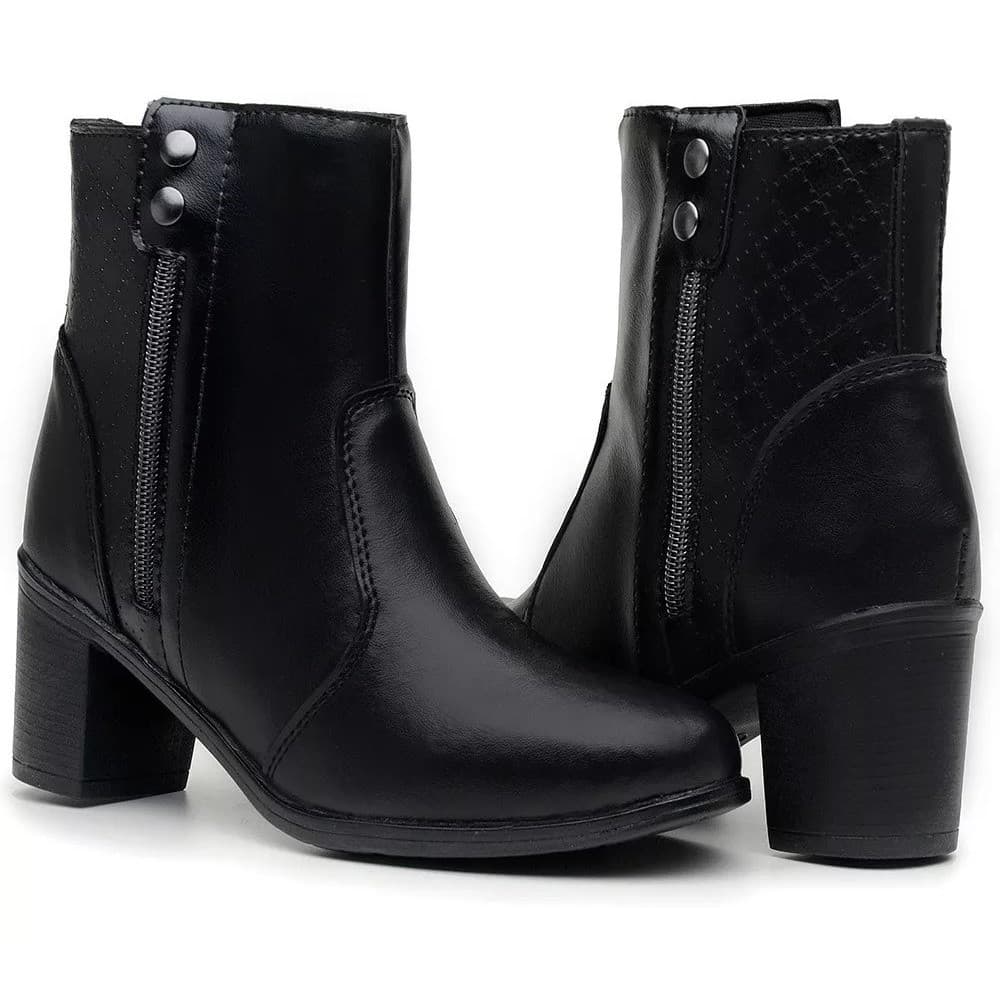 Bota Botinha Coturno Feminina Coturno com Salto Médio Cano Curto com Zíper Lateral Bico Fino