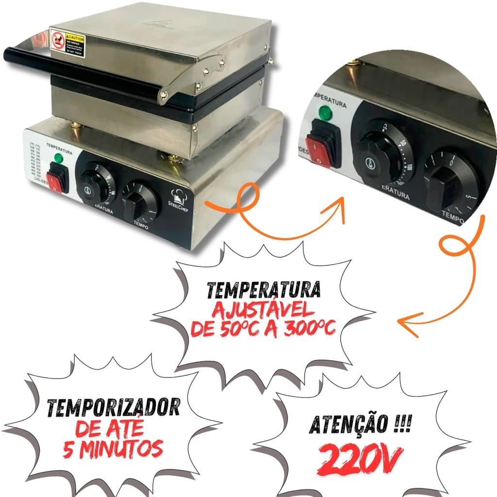 Máquina de Waffle Quadrada Profissional é Inox Antiaderete Waffleira 220v