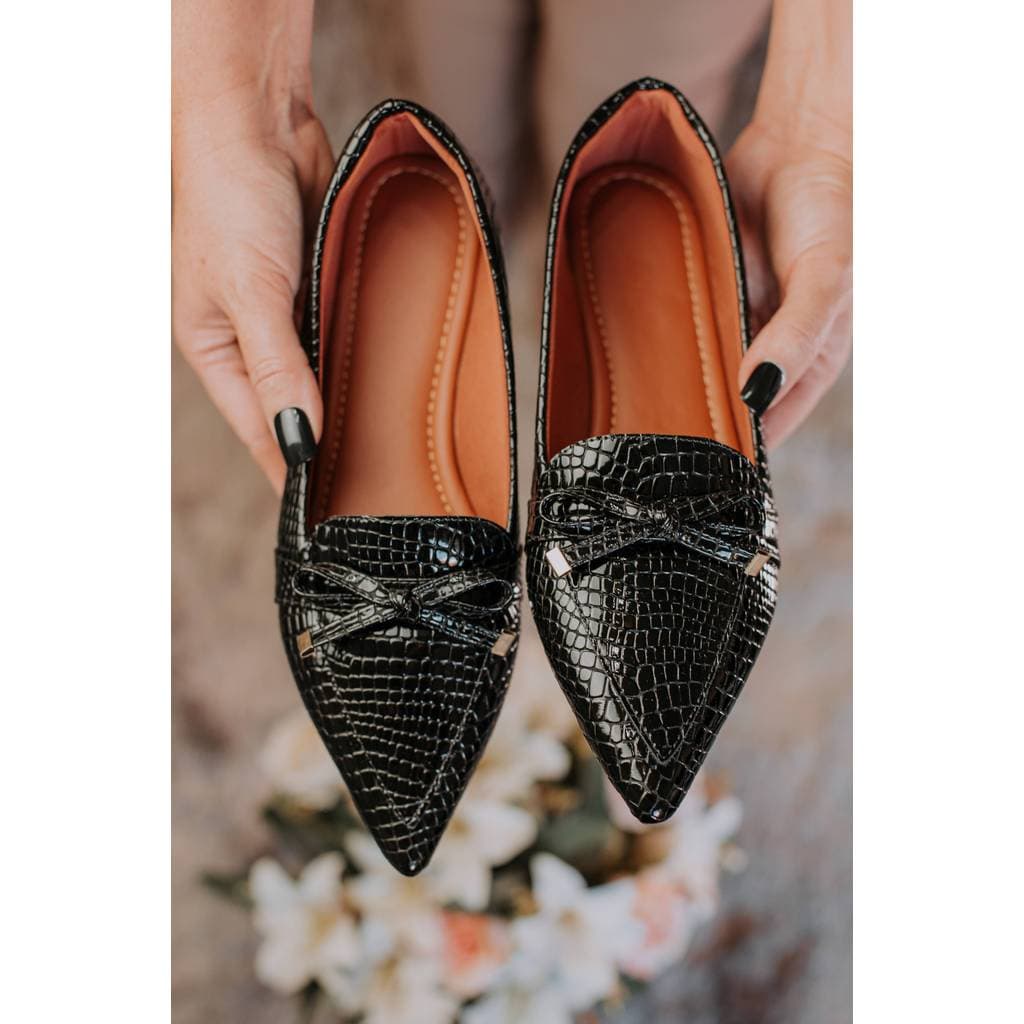 Sapatilha Mocassim Feminina Bico Fino Craquelado Preto