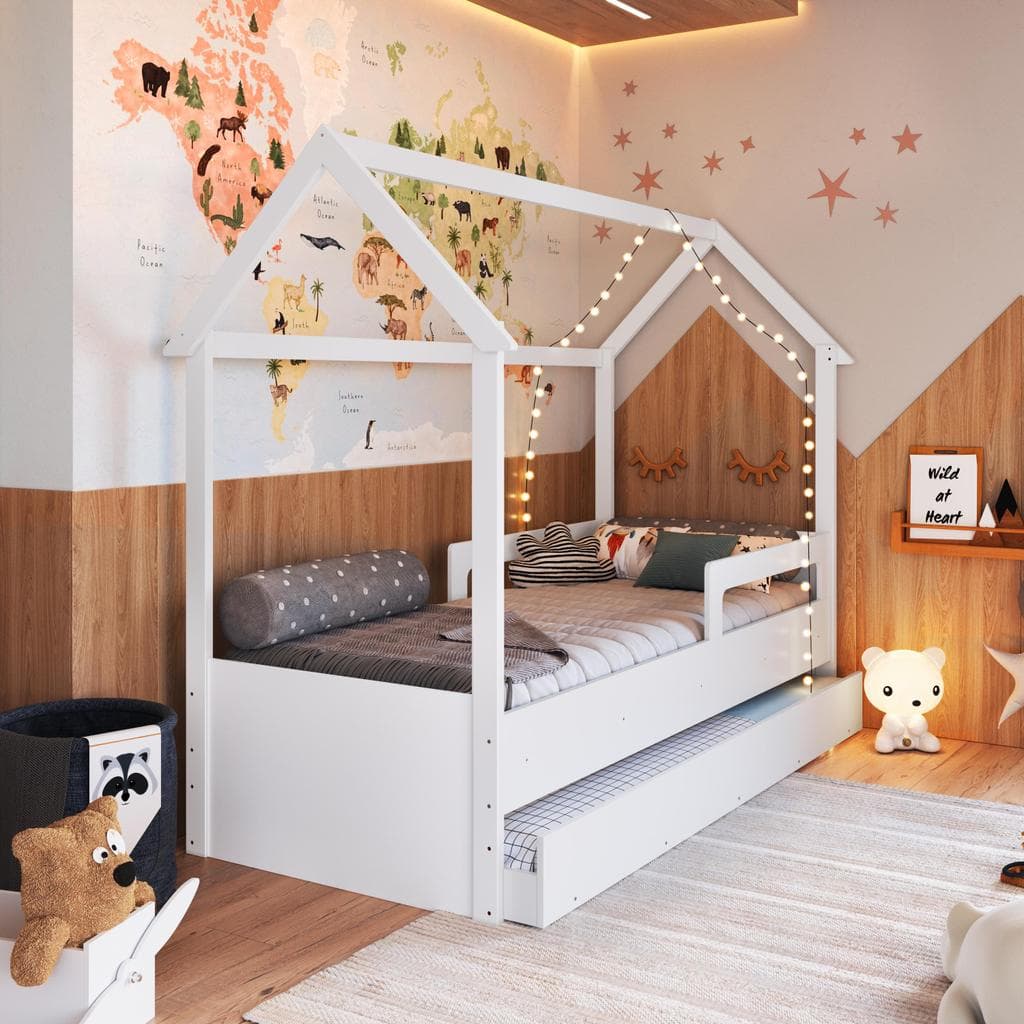 Cama Infantil Bicama Montessori Estilo Casinha 188x78cm com Proteção Lateral e Cama Auxiliar Branca