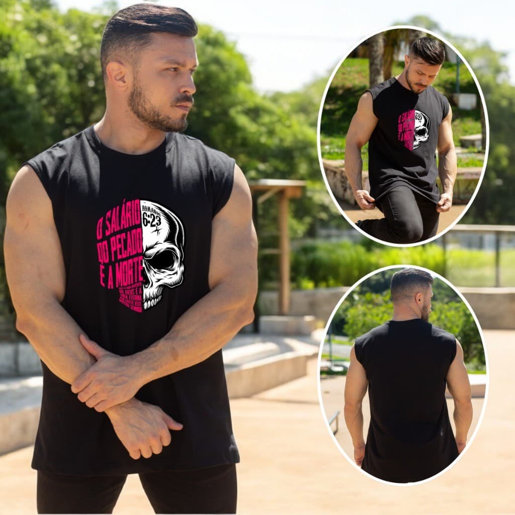 Regata Oversized Masculina Romanos 6. 23 Camiseta Cavada Estampa Gospel Academia Treino Streetwear