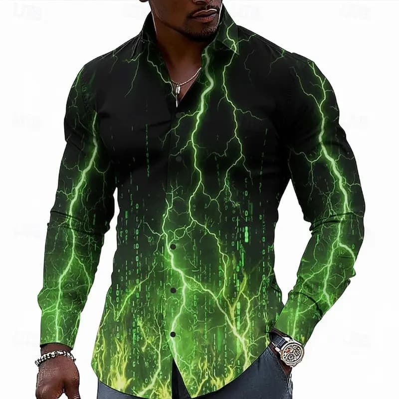Camisa Masculina Geométrica com Estampa 3D, Camisa de Botões de Manga Longa, Moda Casual para Férias e Uso Diário na Pri