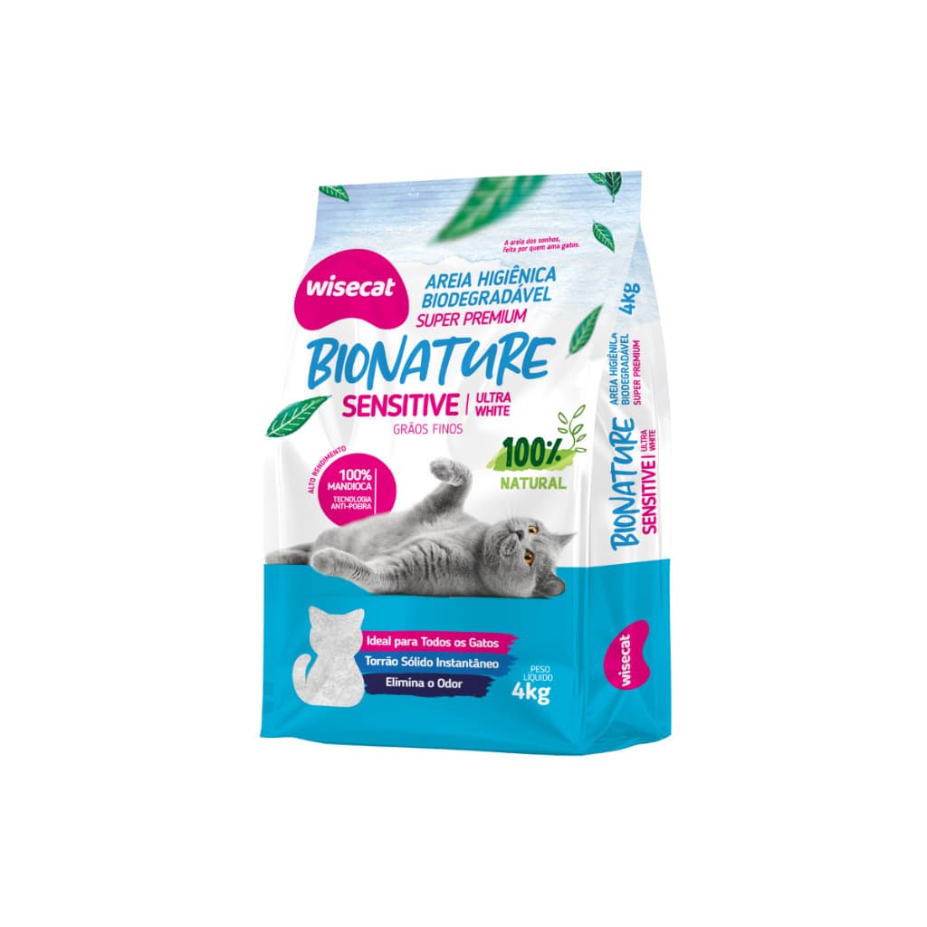 Areia Biodegradável para Gatos Bionature Sensitive Wisecat 4 KG Grãos Finos