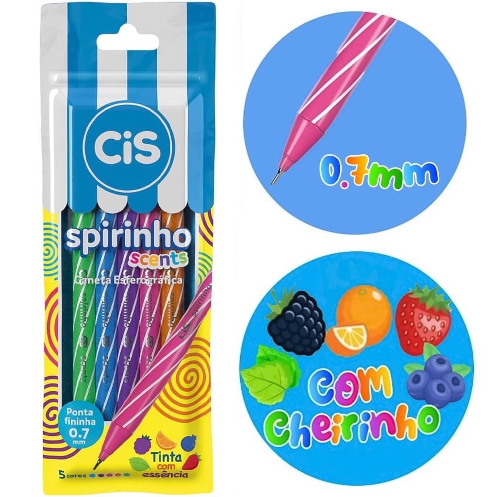 Caneta Cis Spirinho ponta 0.7mm- pct c/ 5 Cores Scents,Caneta Perfumada Cheirinho Frutinhas