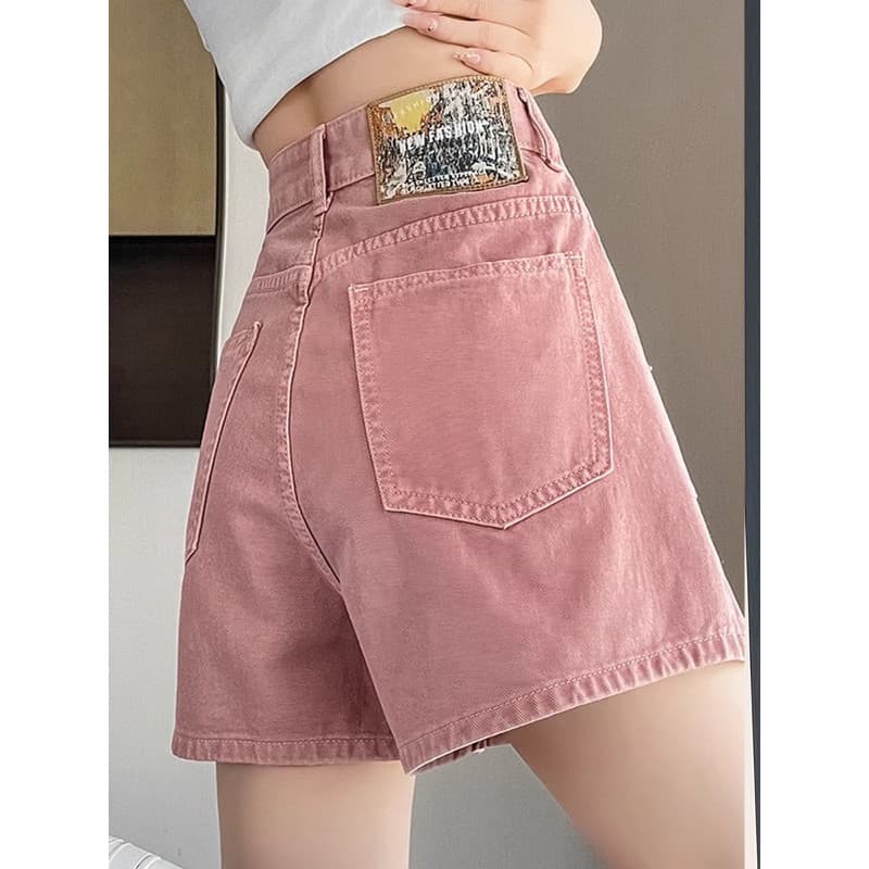 Rosa Denim Shorts feminino solto perna larga verão novo estilo cintura alta Retro mais magro olhar a linha pequena menin