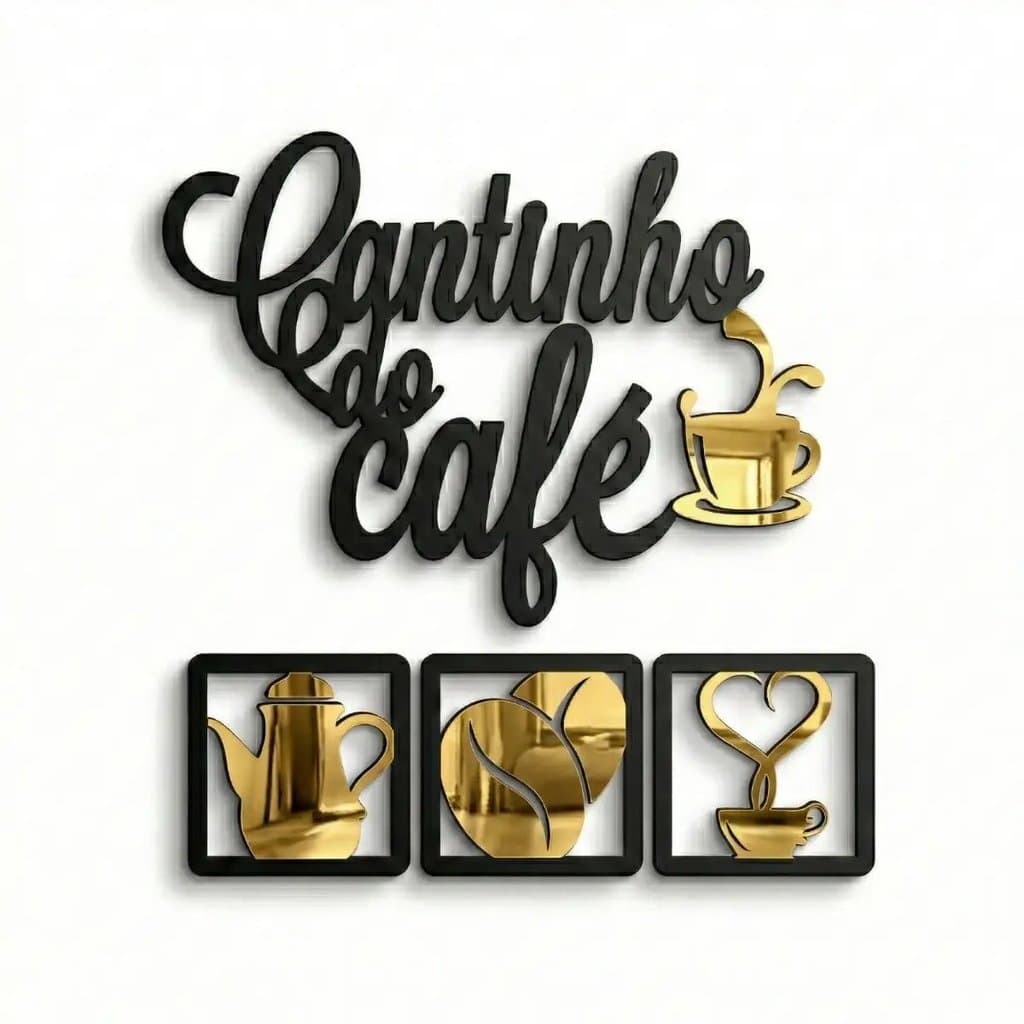 Quadro Cantinho do Café Kit 4 Peças MDF Vazado Preto e Dourado Espelhado Decoração Cozinha Área Gourmet Premium