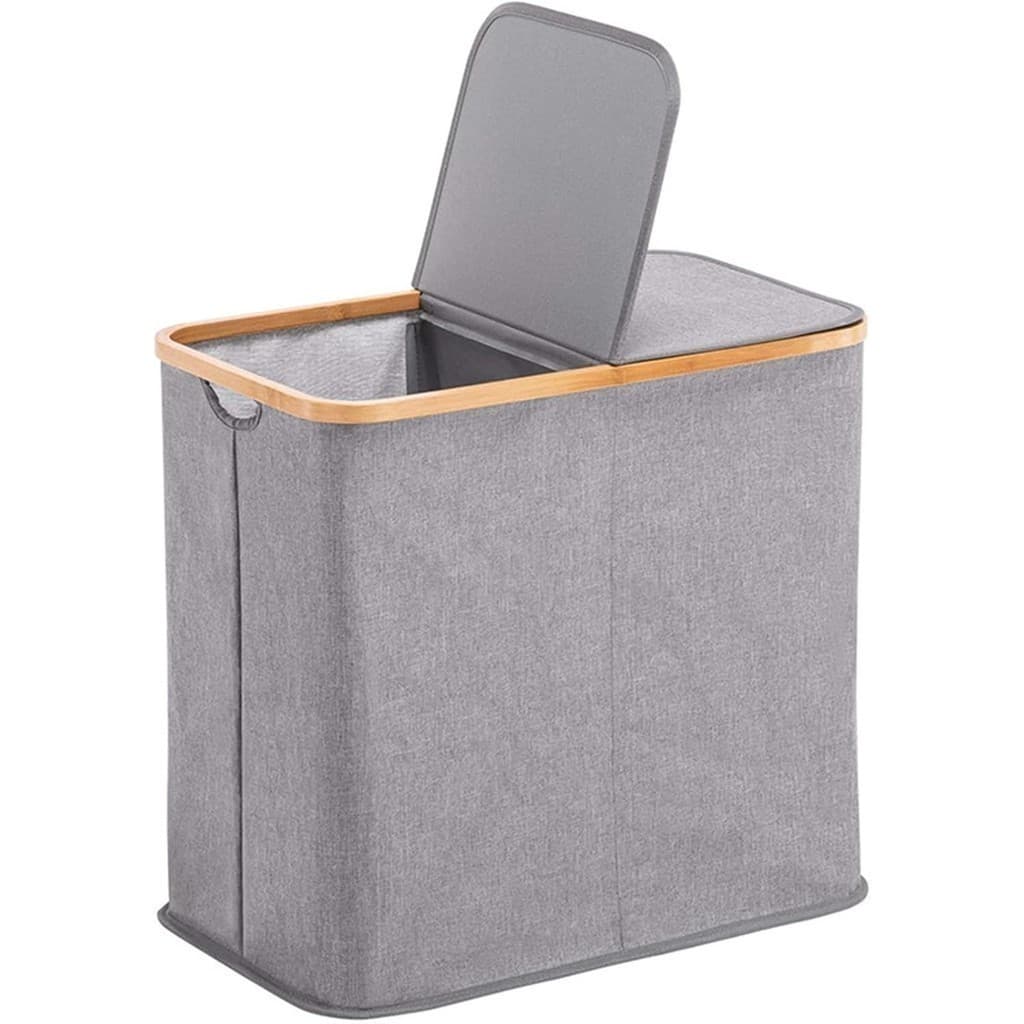 Cesto De Roupa De Camada Dupla Com Tampa Grande Dobrável 2 Divisões Quarto Cinza Branco