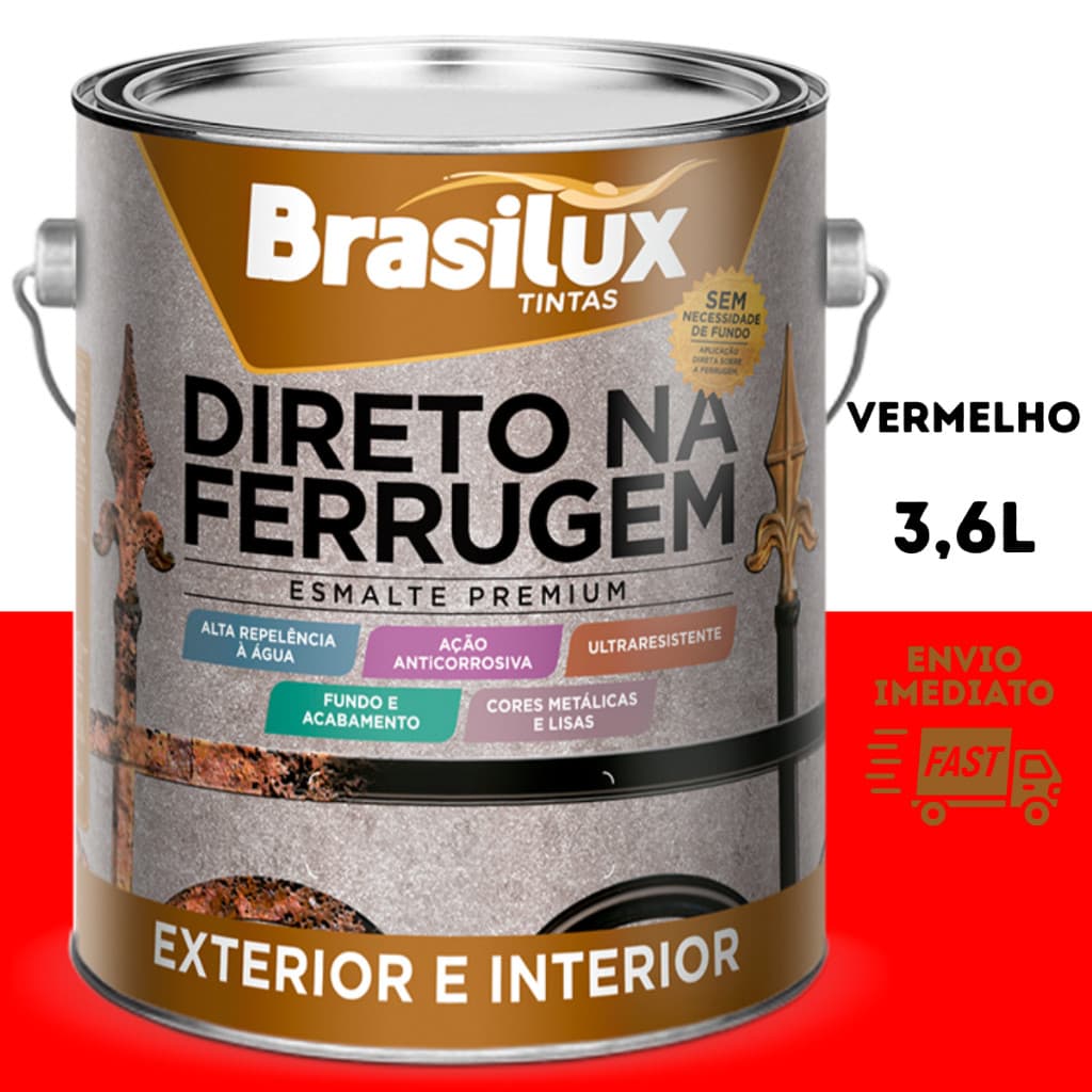 Tinta Direto na Ferrugem Esmalte Sintetico 3,6L Brasilux - Todas as Cores Disponiveis - Cor Vermelho