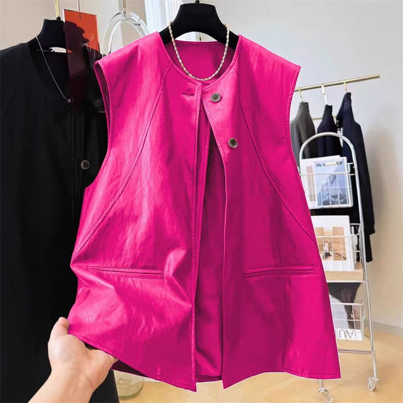 Mais recente estilo feminino colete de couro PU irmã gorda em torno do pescoço sem mangas em camadas colete High-End top