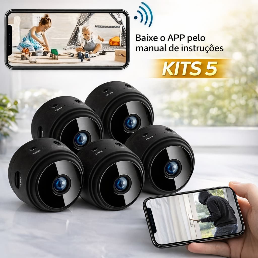 Kit 5 Mini Câmeras para Casa Recarregáveis Uso Interno Visualização Remota por Celular