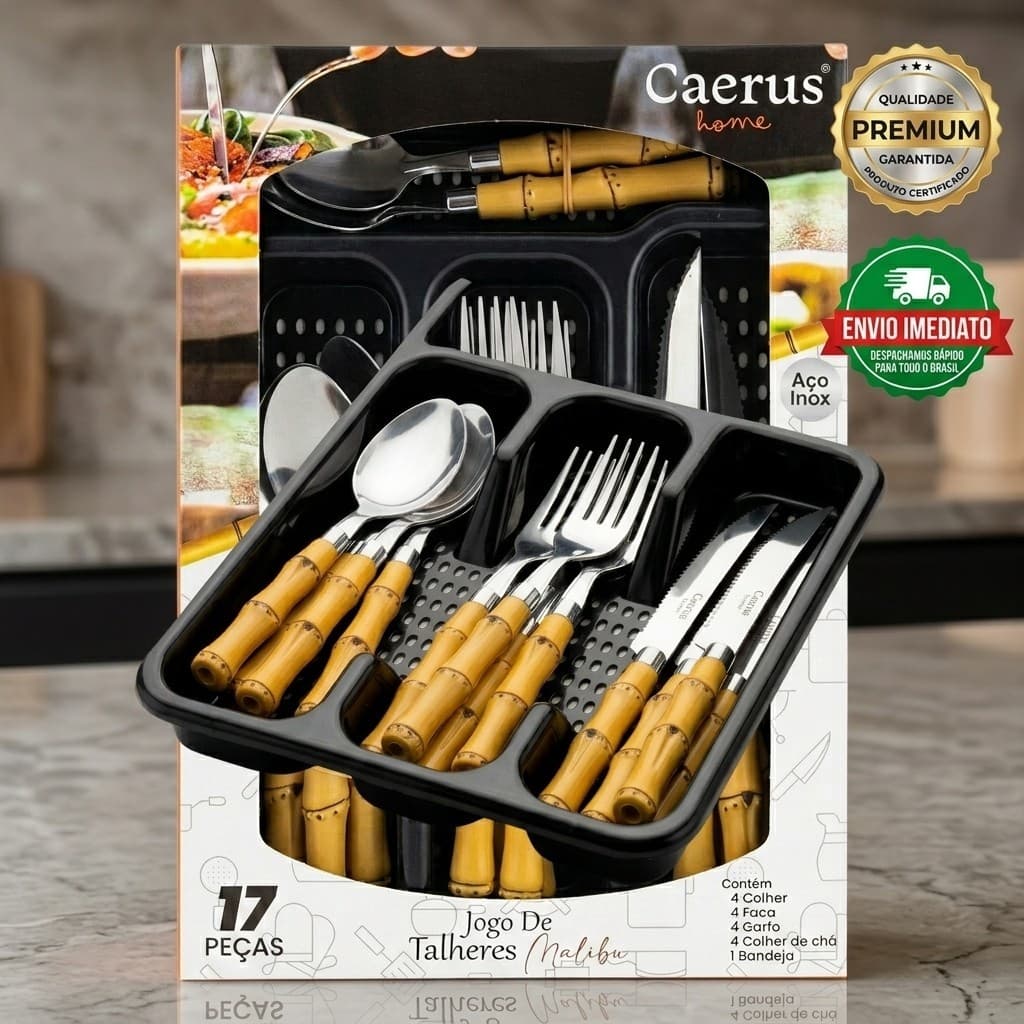 Faqueiro Inox com Cabo Bambu – 17 Peças + Organizador de Gaveta - LUXUOSO