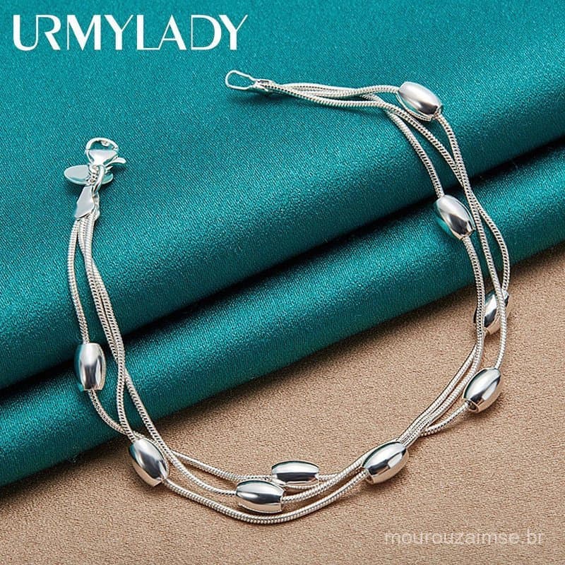 URMYLADY 925 Prata Esterlina Três Cobras Corrente Contas Lisas 20CM Pulseira Para Mulheres Fashion Party Gift Jewelry