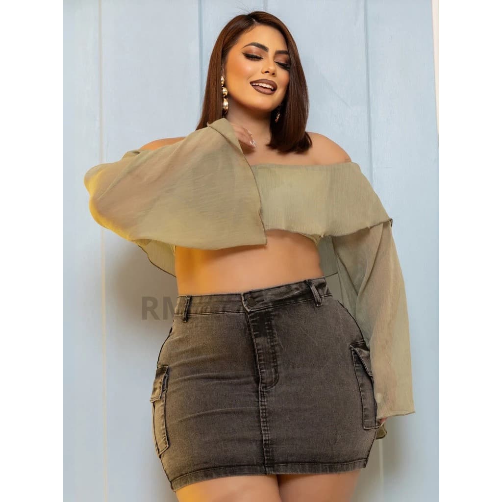 Saia Cargo Plus Size Feminina Curta com Lycra Bolso na Lateral Estilosa Cintura Alta Grande Gordinha