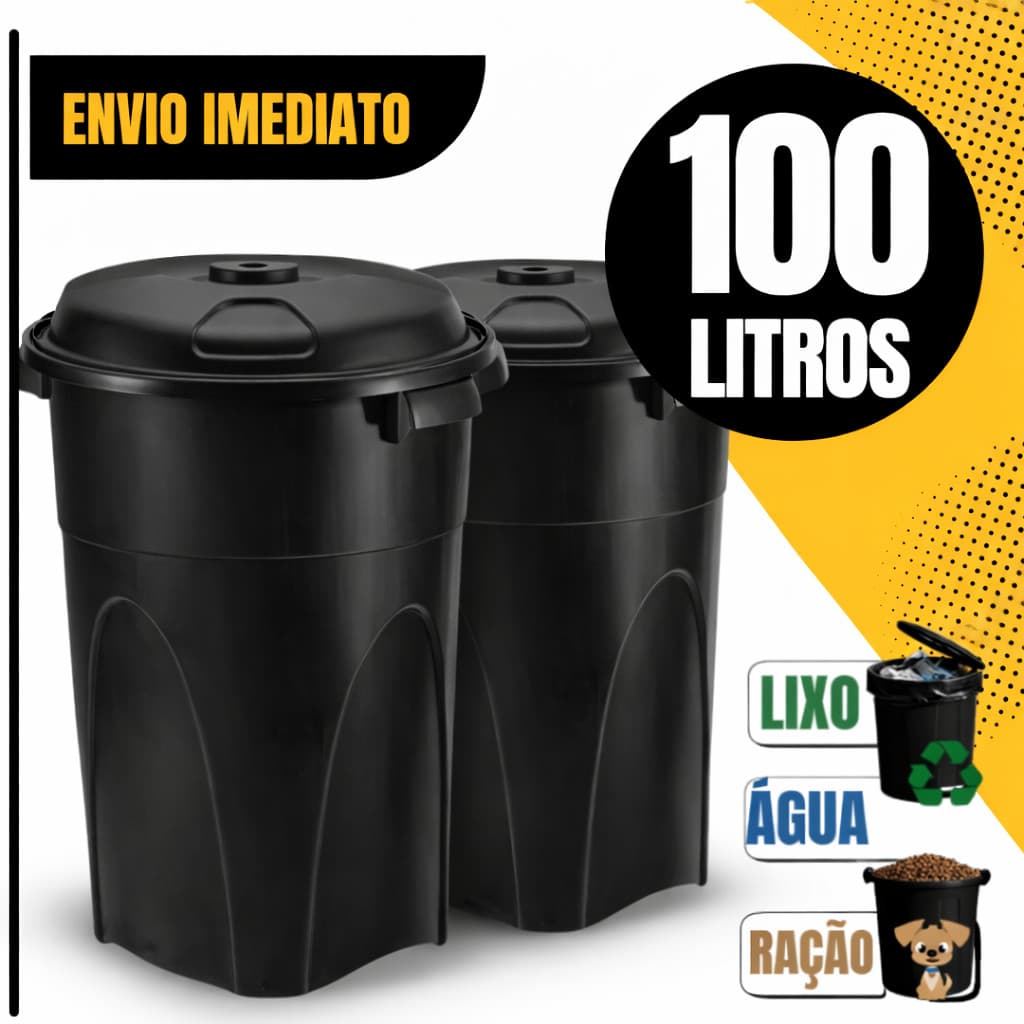 Kit 02 Cesto de Lixo Lixeira Cestão 100 Litros Com Tampa Preto Reforçado