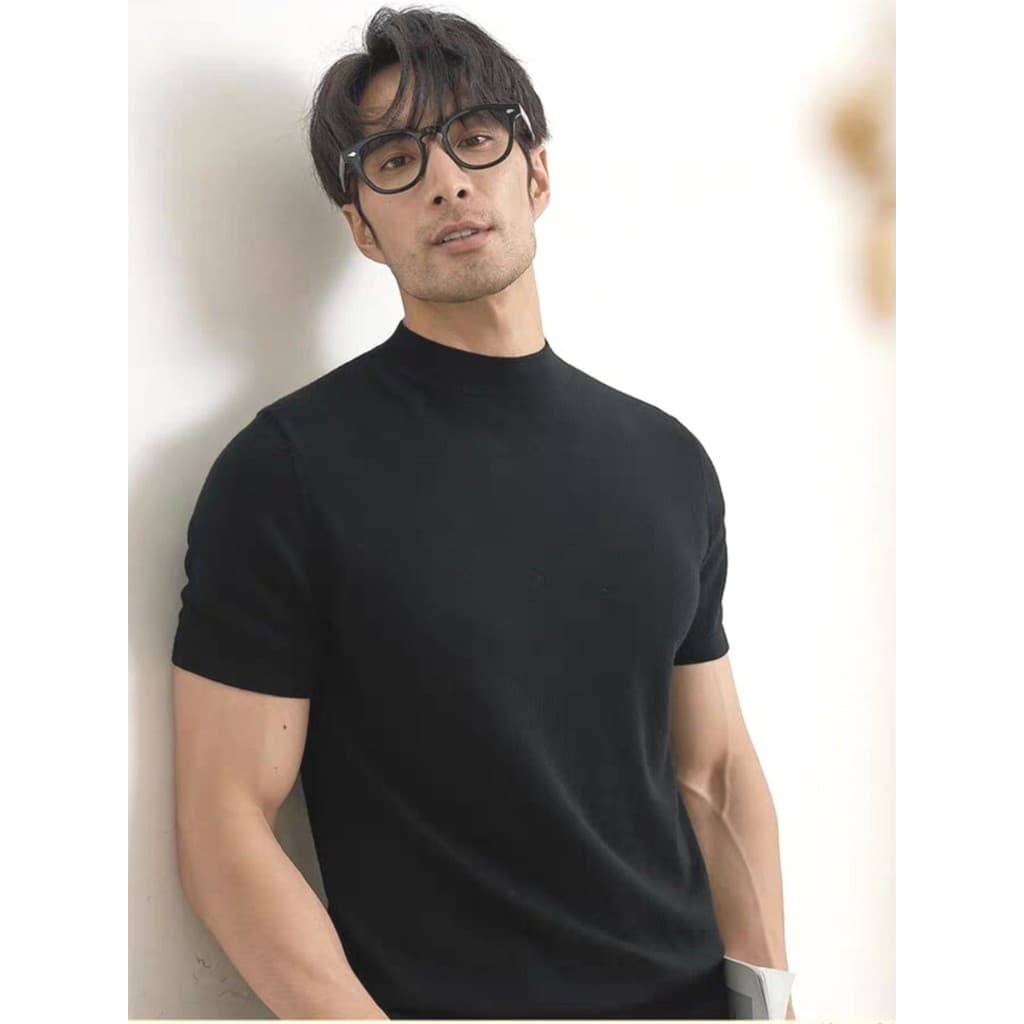 Produto europeu meia gola alta algodão mercerizado suéter de seda gelo masculino Slim-fit Stretch suéter de manga curta