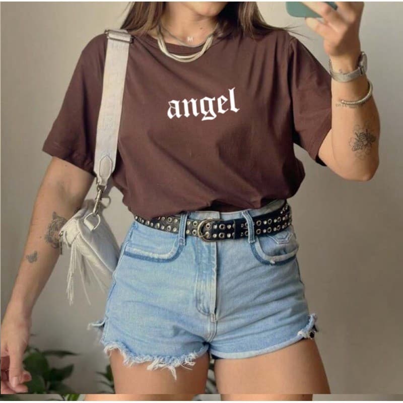 Camiseta Angel Feminina Estampada Algodão 100% 30.1 Minimalista Aesthetic Casual
