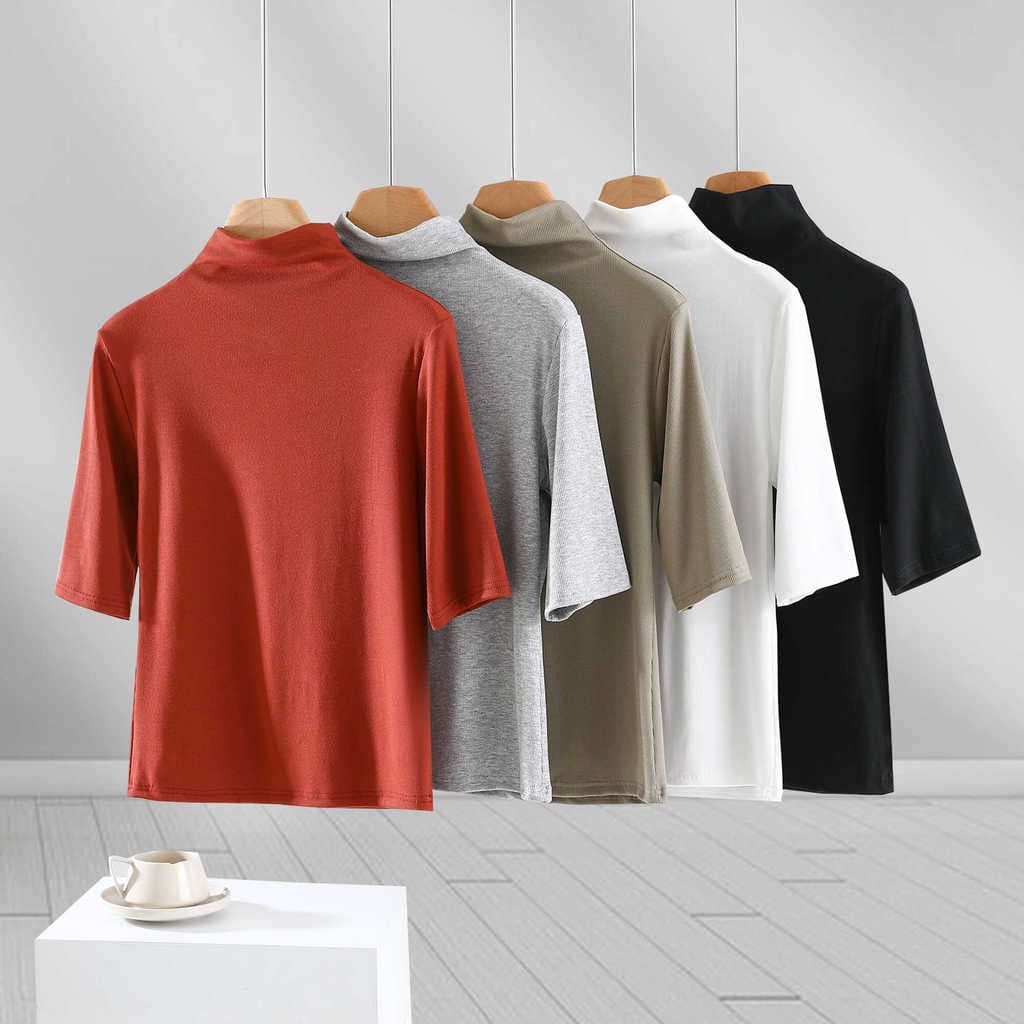 Verão estilo fino estilo rosqueado meia manga meia gola alta camiseta feminina roupa interior magro-ajuste todos
